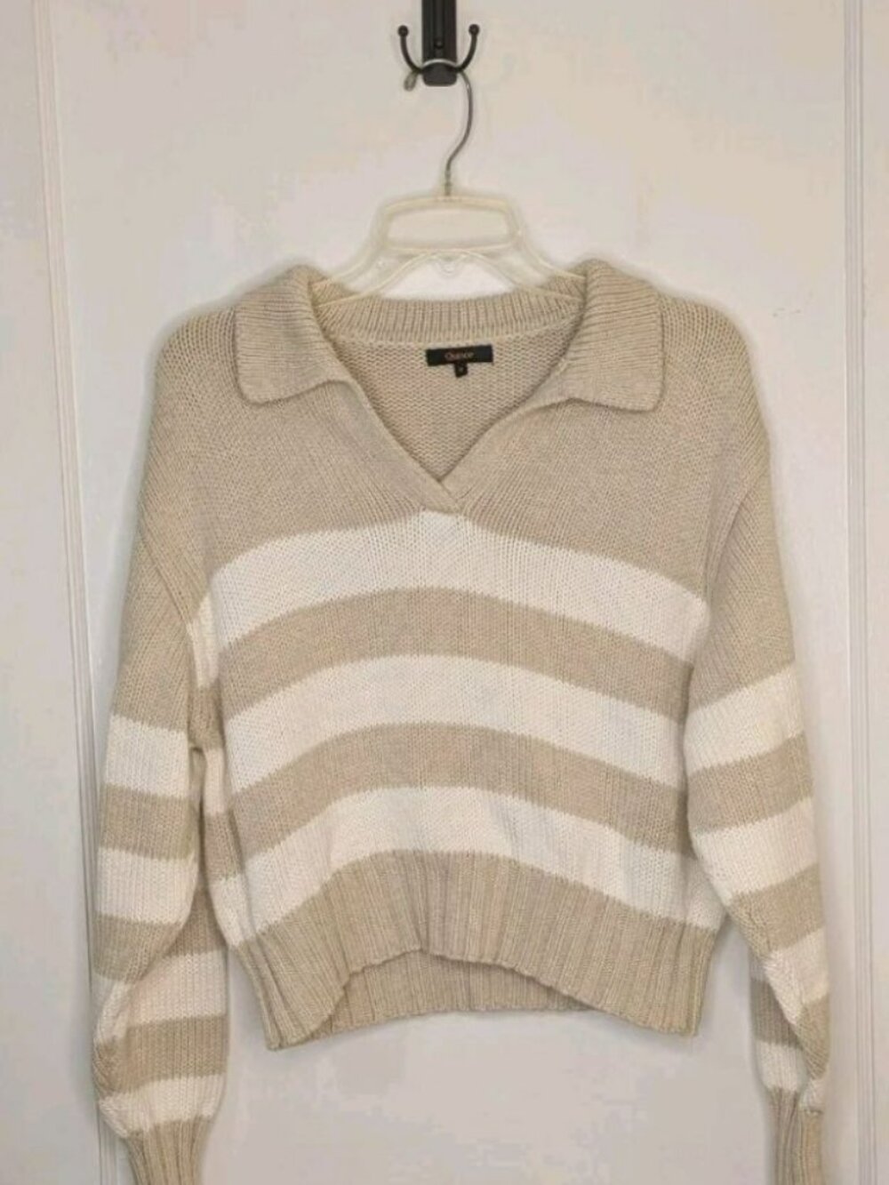 Quince 100% Organic Cropped Cotton Polo Sweater Speckled Beige/Ivory Stripe Sz S